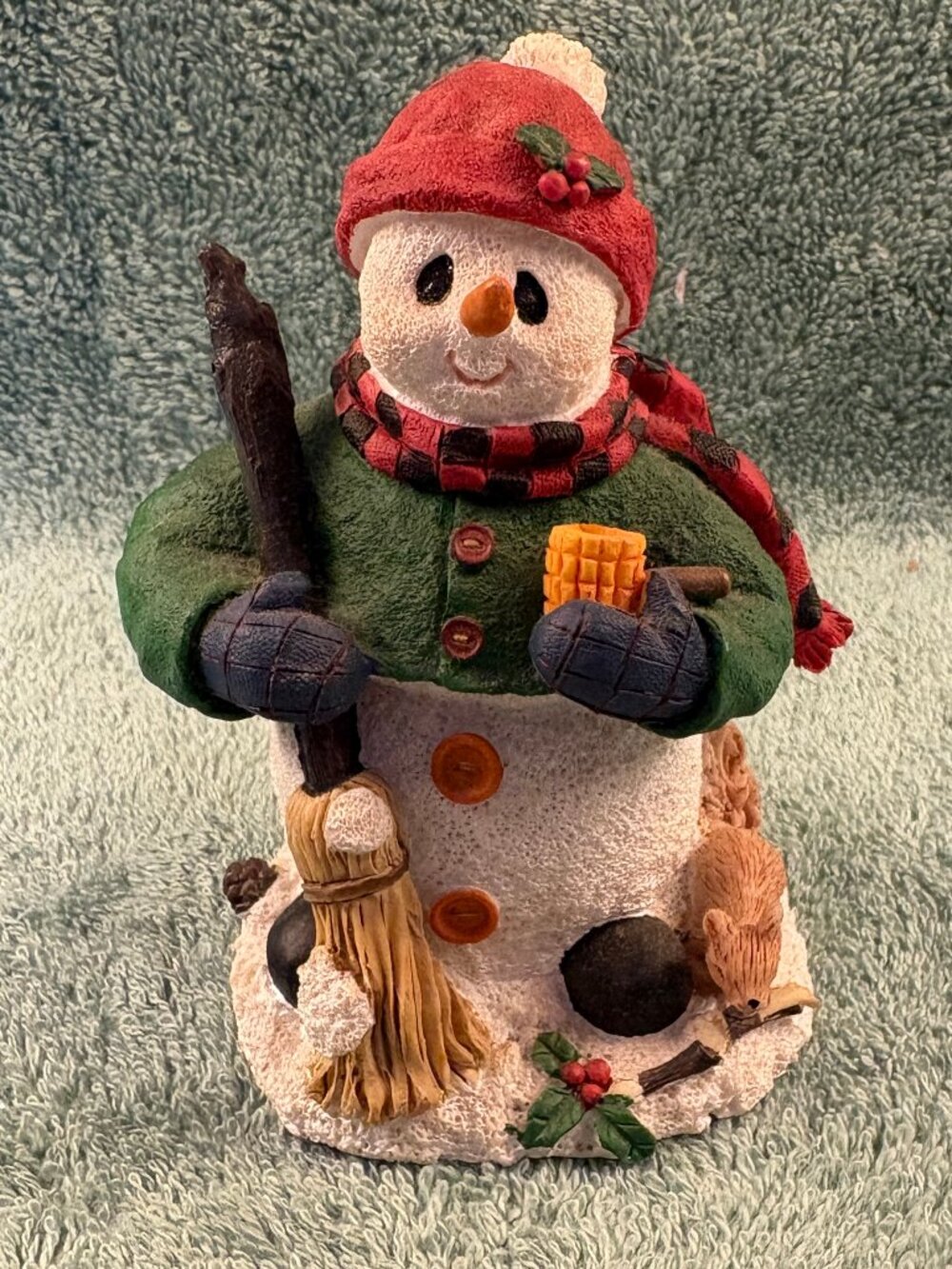 Vintage Heavy Resin Snowman Figurine Broom Pipe Squirrel Holly Christmas